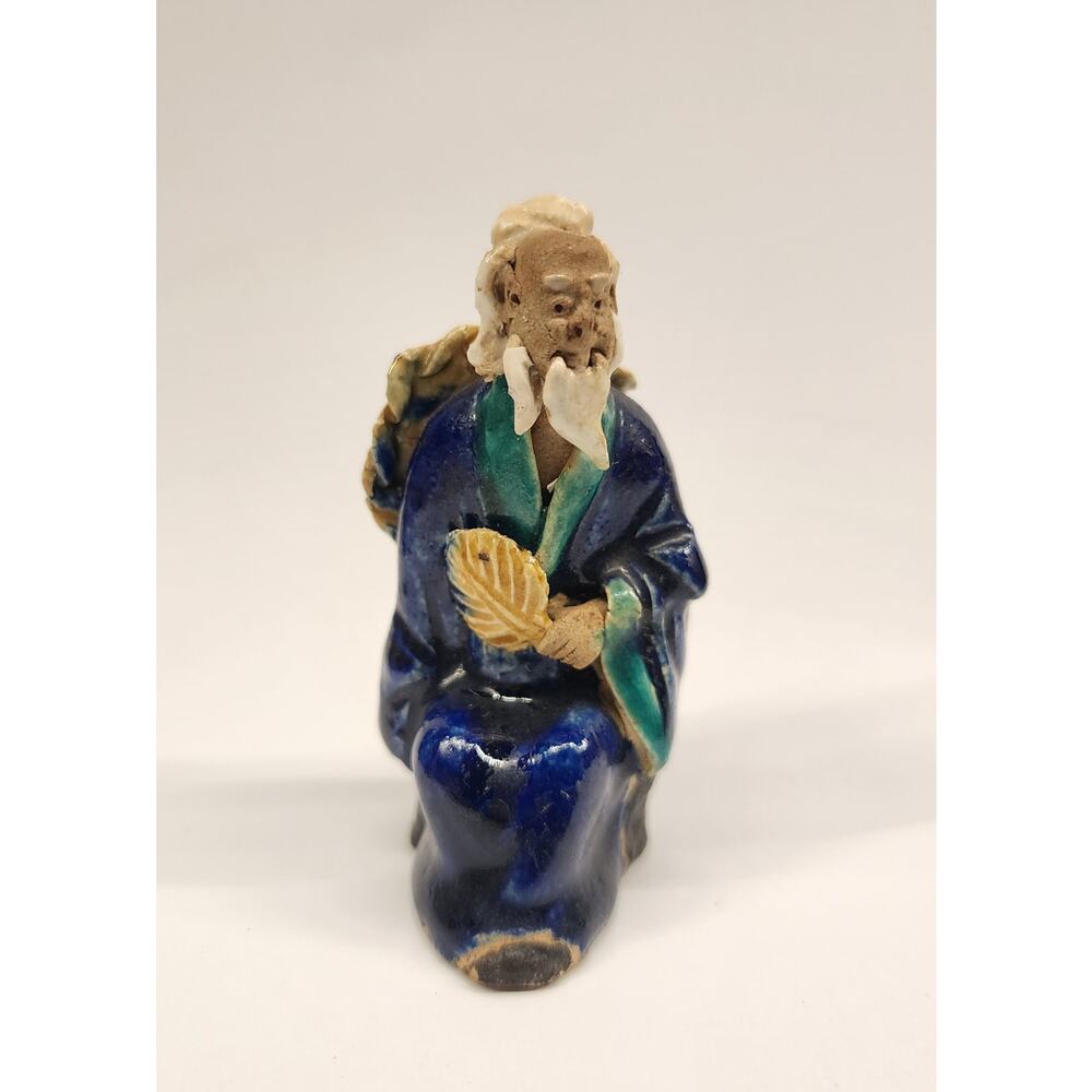 Vintage Chinese Mudman Figurine – Seated Elder with Fan, 3” Ceramic